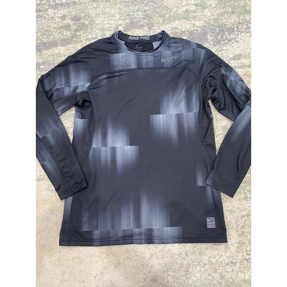 Nike Pro Shirt Mens Large Black Gray Swoosh Hyperwarm Fitted Running Pattern - Picture 1 of 10